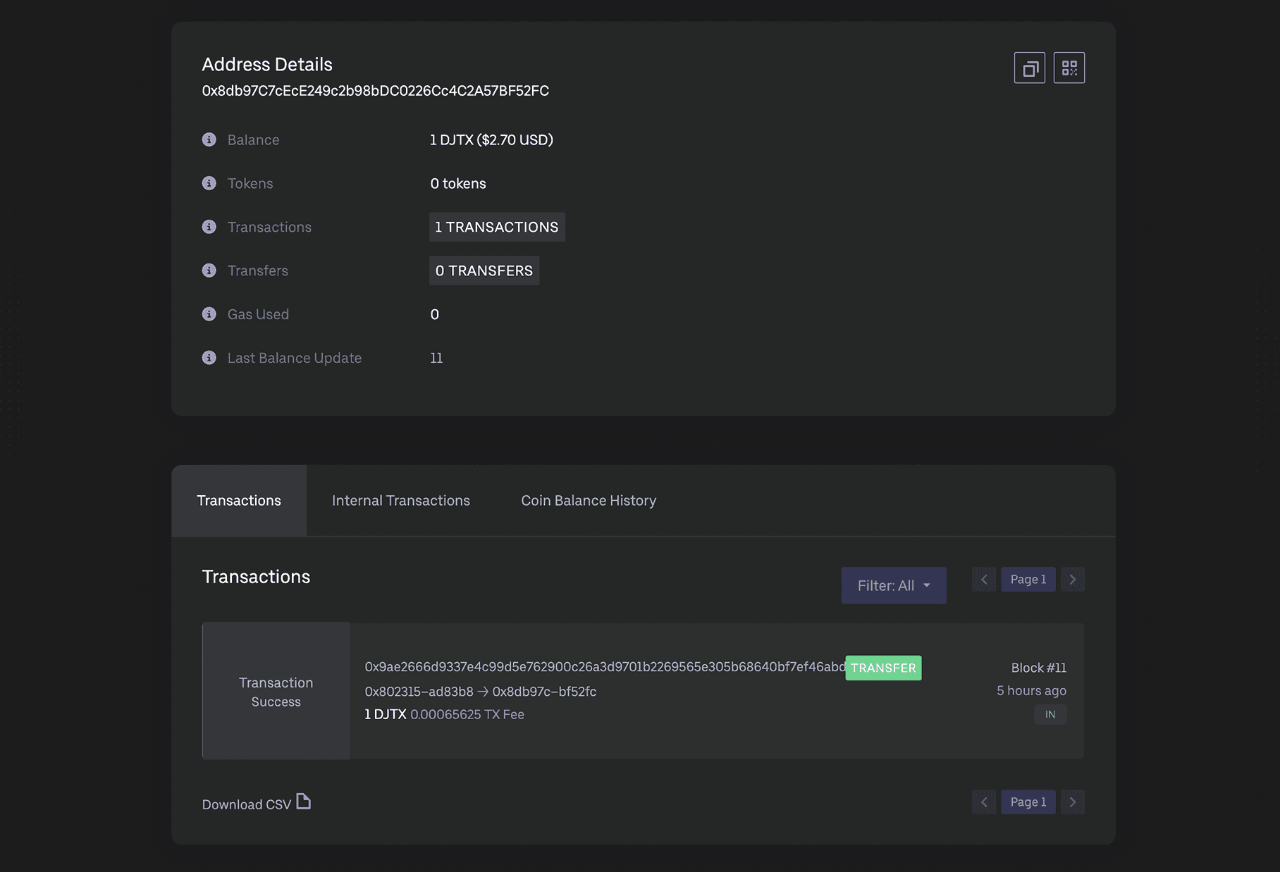 1st derived address balance